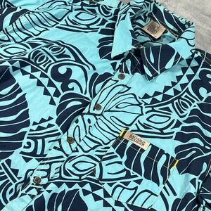Kai-Veikau Premium Mens XL Tribal Monstera Print Cotton Button Down Shirt Fiji